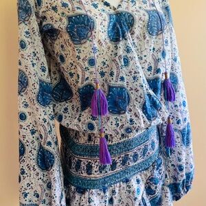White and Blue Embellished Long Sleeve Blouse